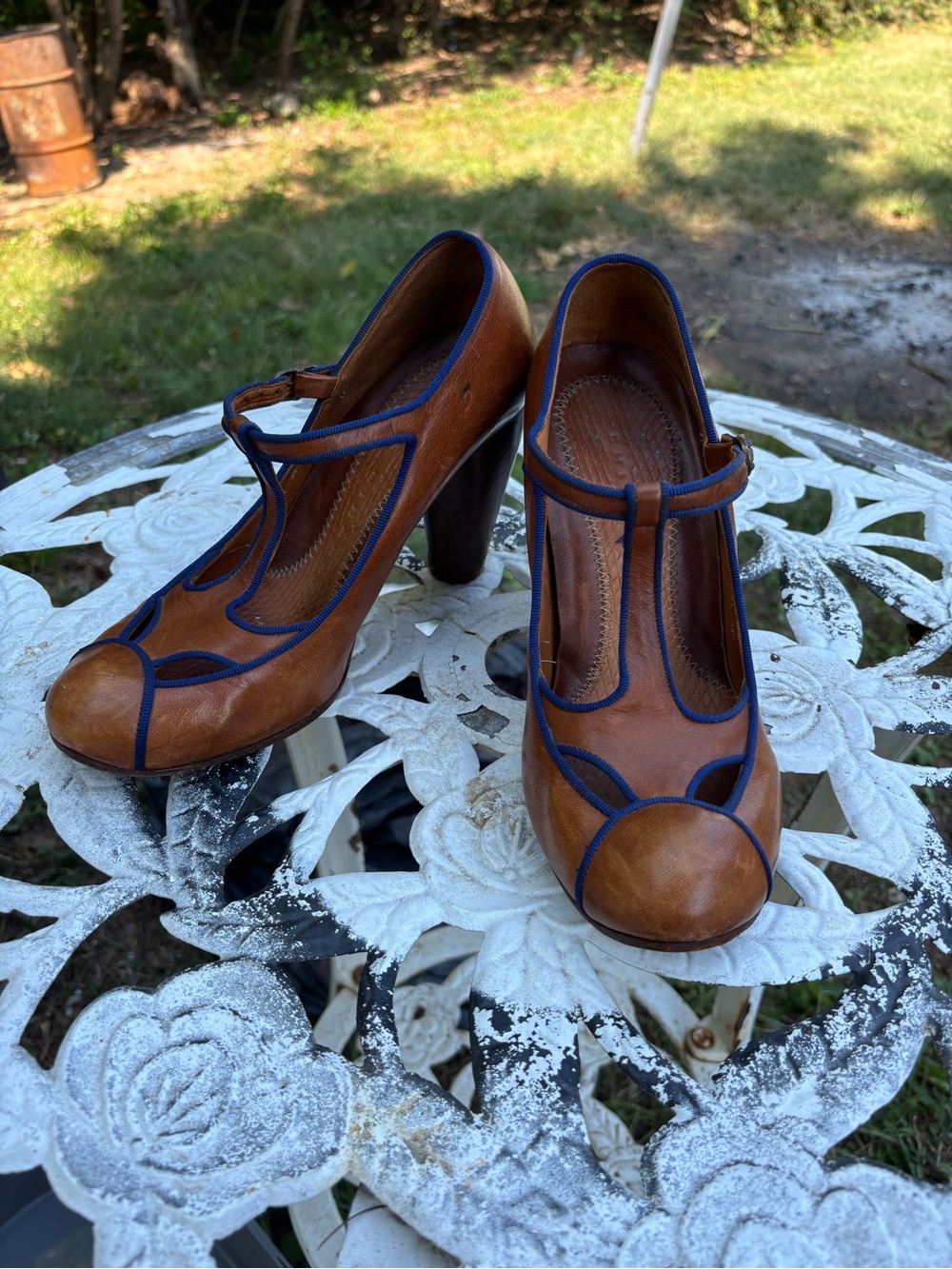 Women’s Brown Leather T-Strap Heels with Navy Trim